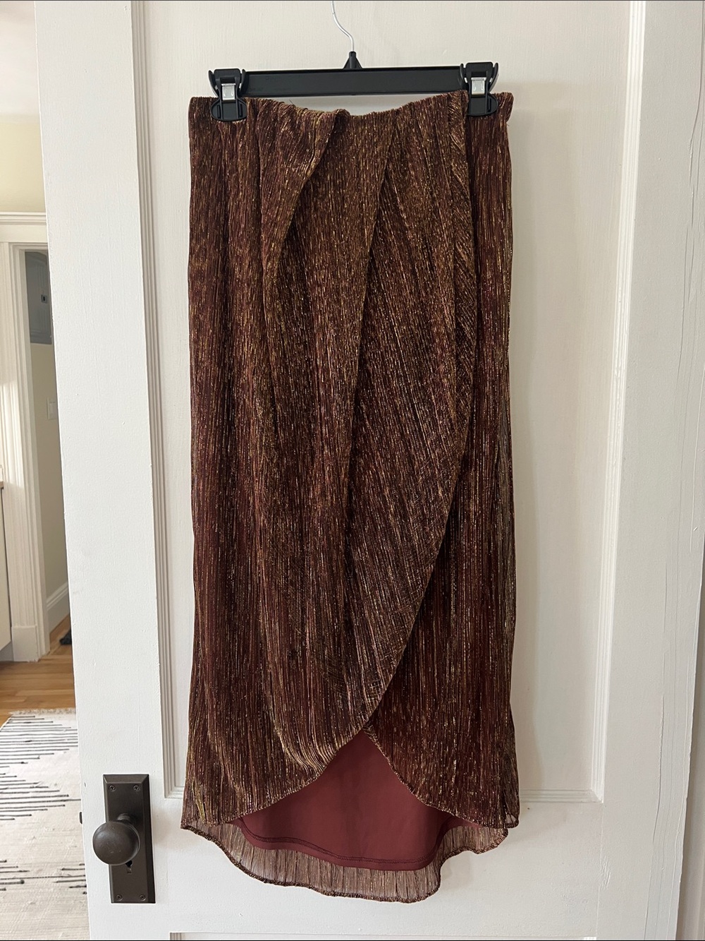 NWT Elegant Brown Metallic Wrap Midi Skirt